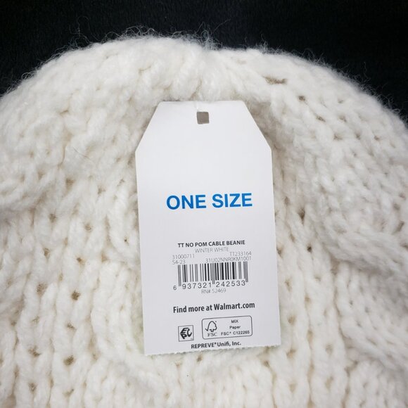 Adult Beanie Cable Knit Cuffed Lined No Pom Repreve Time & Tru Toboggan White OS - Picture 3 of 7